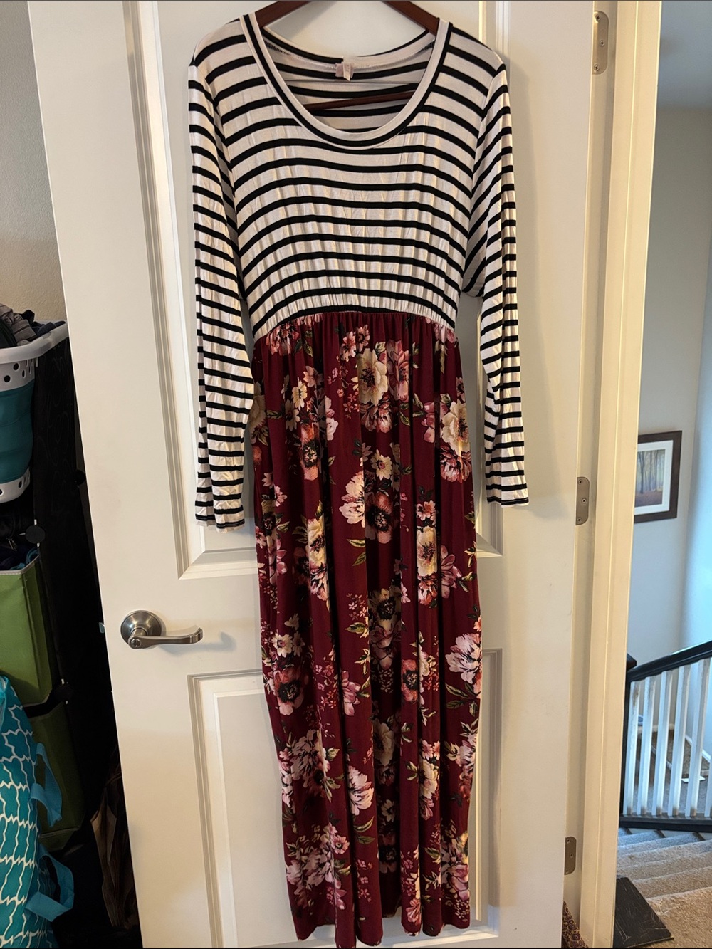 MOA USA Striped Top Floral Maxi Dress in Black, White & Burgundy